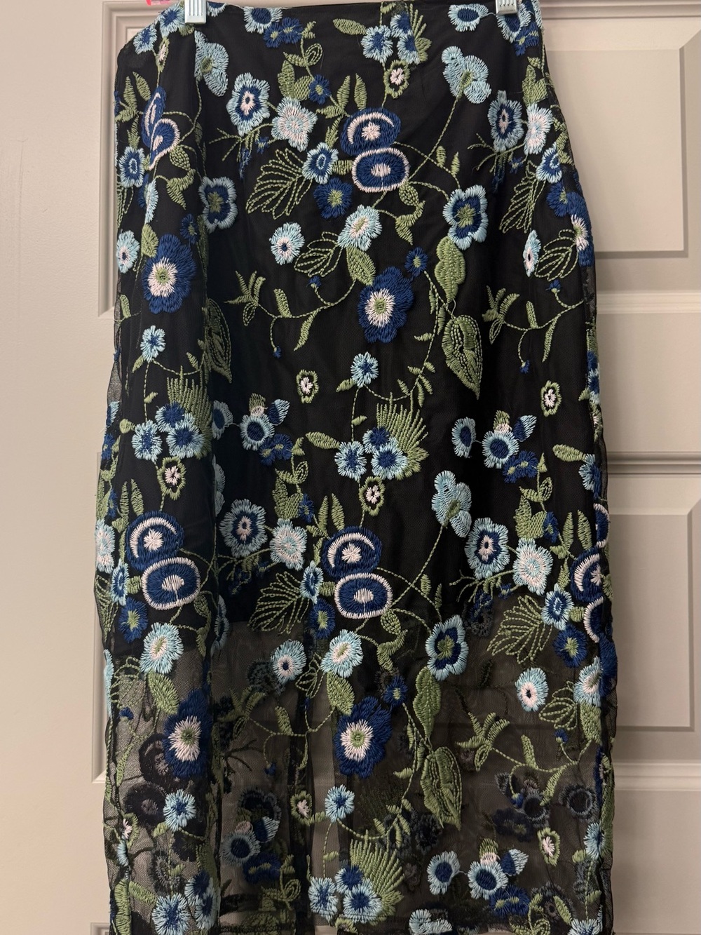 Black Floral Embroidered Midi Skirt - Blue & Green Floral